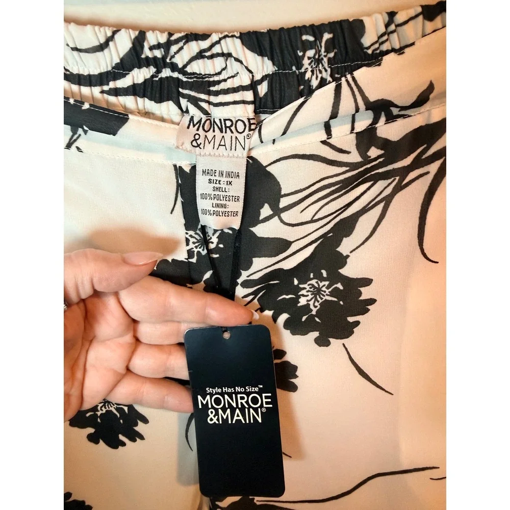 Monroe & Main Women White Black Floral Wide Leg Lined Career Pants Plus Size - Picture 4 of 9